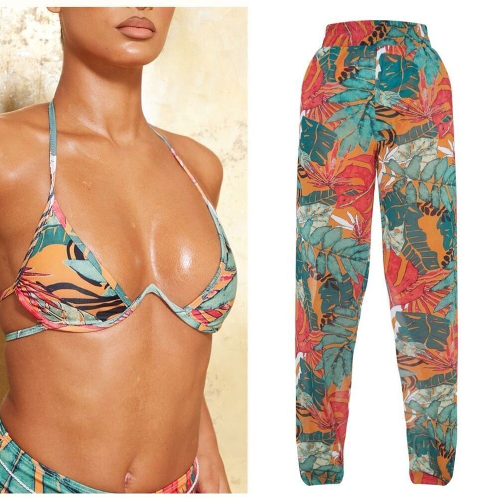 NWT PrettyLittleThing Orange Big Leaf Wide Leg Beach Trousers and Cleavage Wire